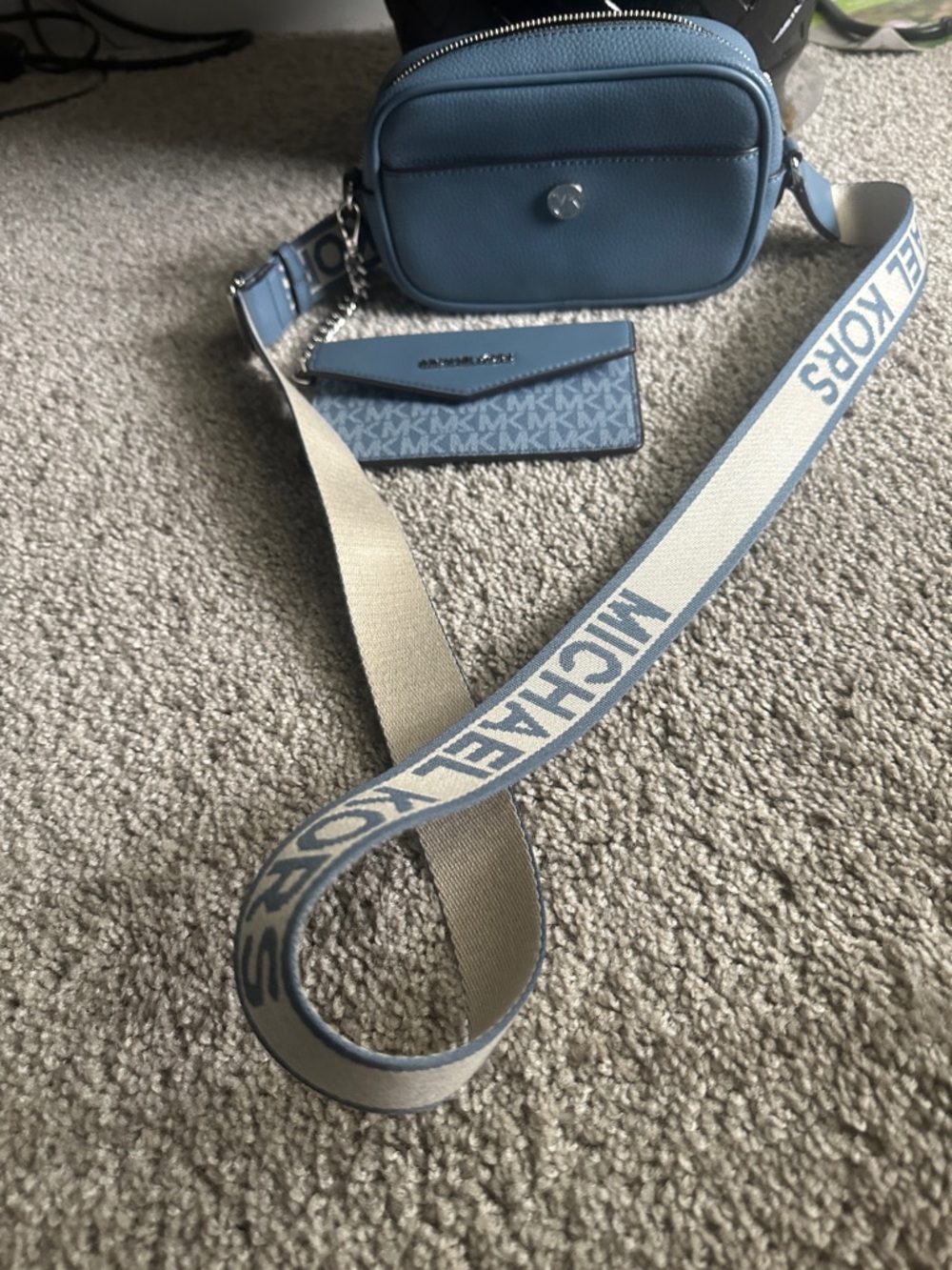 Michael Kors Light Blue Pebbled Leather Crossbody Camera Bag with Logo Card Case